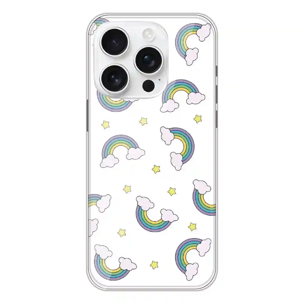 Rainbow With Clouds - Clear Printed Silicone Case For Apple iPhone 16 Pro