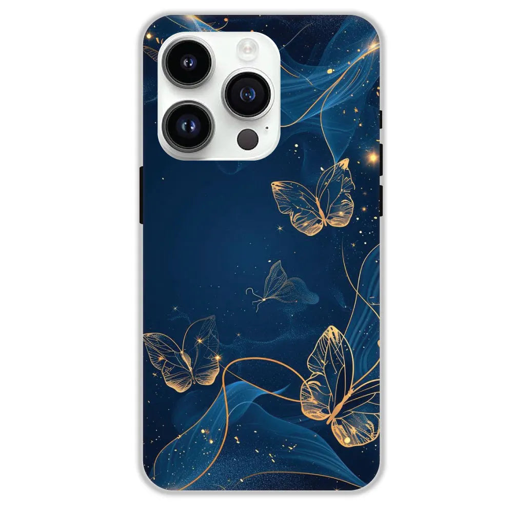 Blue With Gold Butterflies - Hard Cases For Apple iPhone 16 Pro