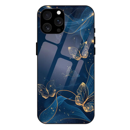 'Blue With Gold Butterflies - Glossy Metal Silicone Case For Apple iPhone 16 Pro