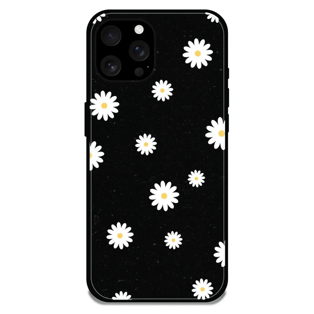 'White And Black Flower - Glossy Metal Silicone Case For Apple iPhone 16 Pro