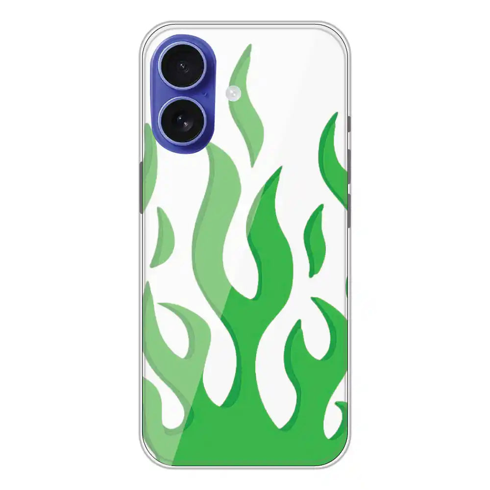 Green Flames - Clear Printed Silicone Case For Apple iPhone 16