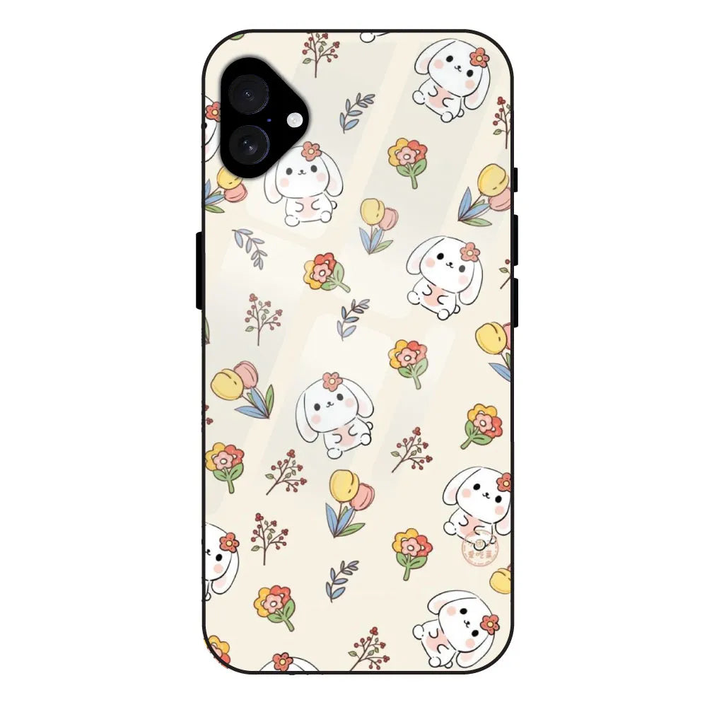 Cute Bunny & Flowers - Glossy Metal Silicone Case For Apple iPhone 16