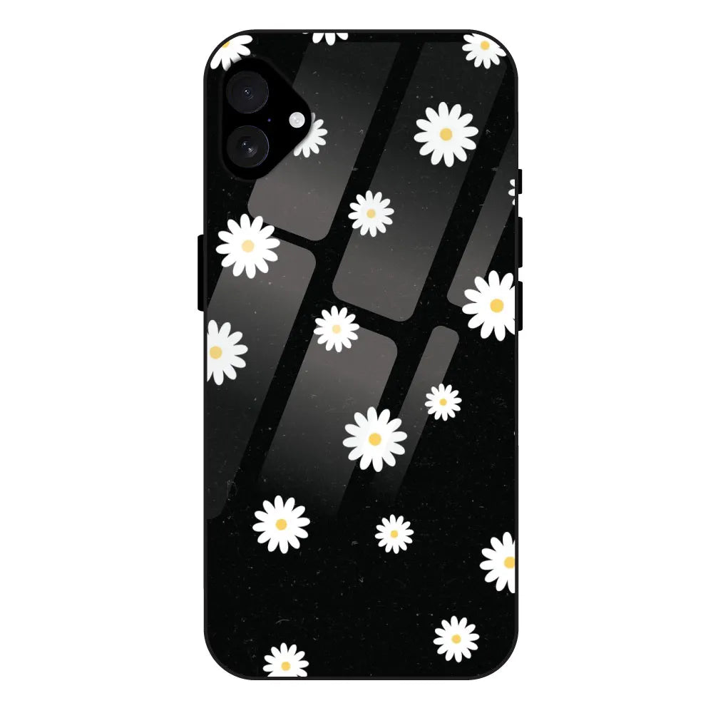 White And Black Flower - Glossy Metal Silicone Case For Apple iPhone 16