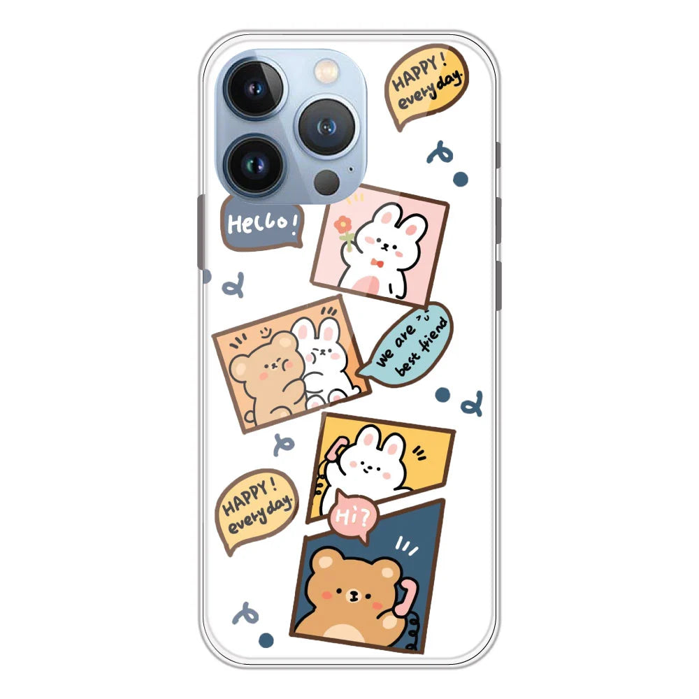 Happy Rabbit And Bear - Clear Printed Silicone Case For Apple iPhone Models- Apple iPhone 13 pro