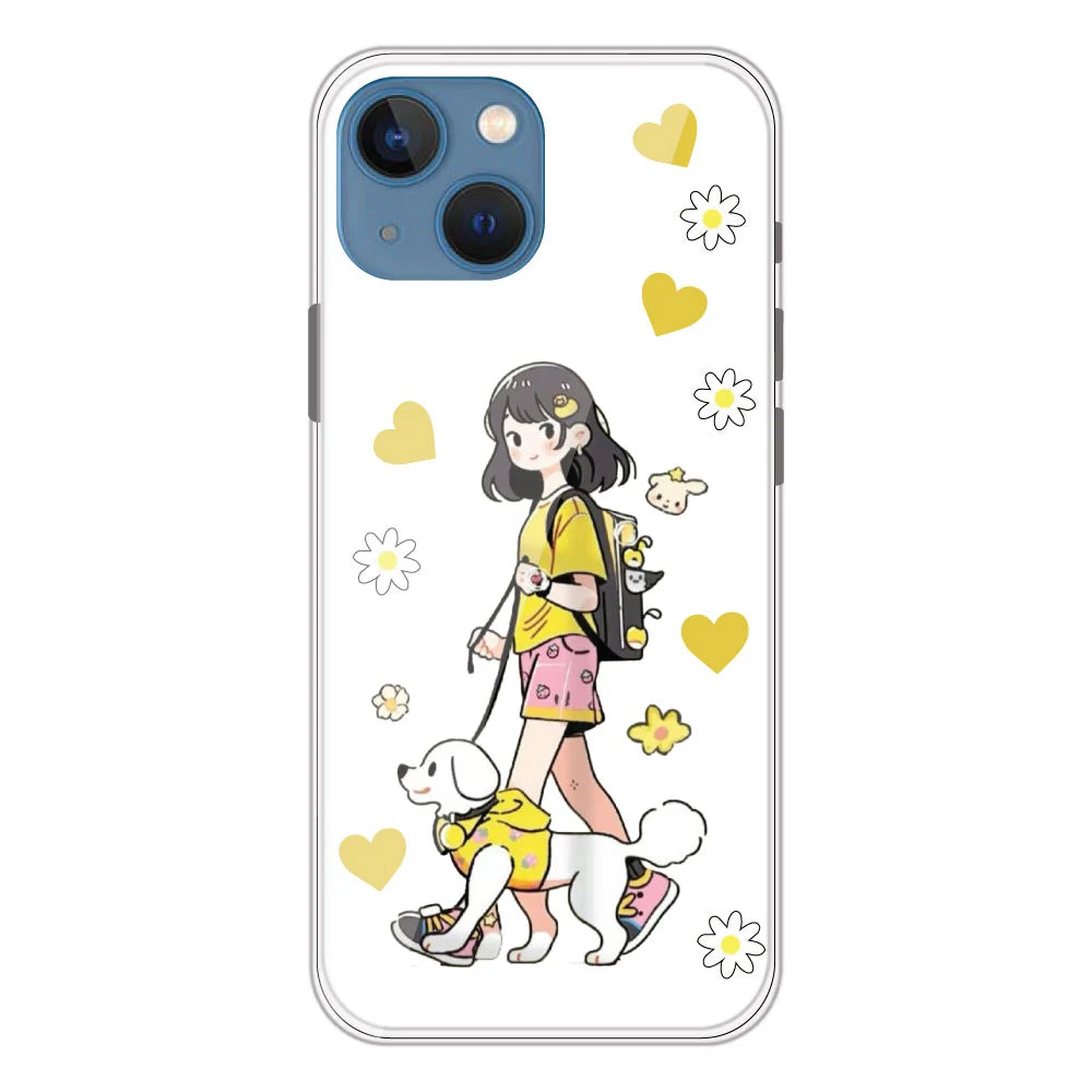 Yellow Girl And Dog - Clear Printed Silicone Case For Apple iPhone Models- Apple iPhone 13