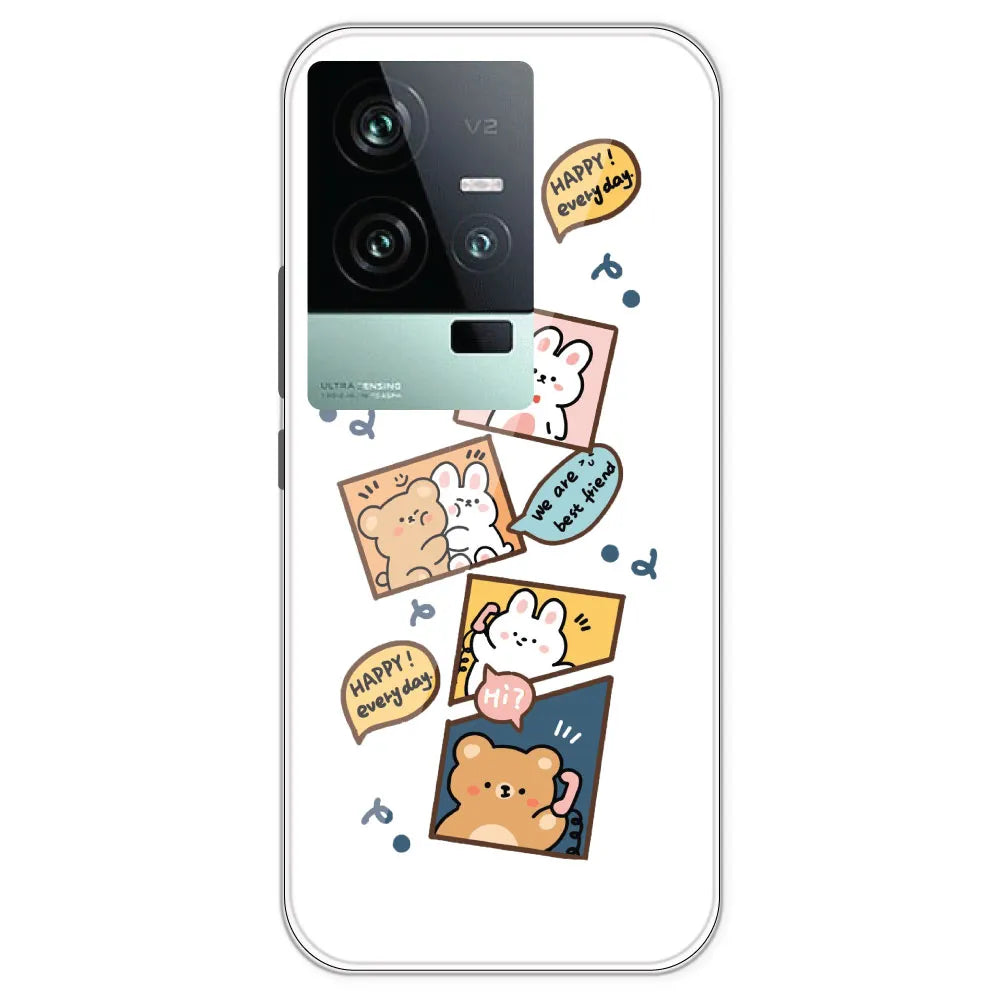 Happy Rabit And Bear - Clear Printed Silicone Case For IQOO 11