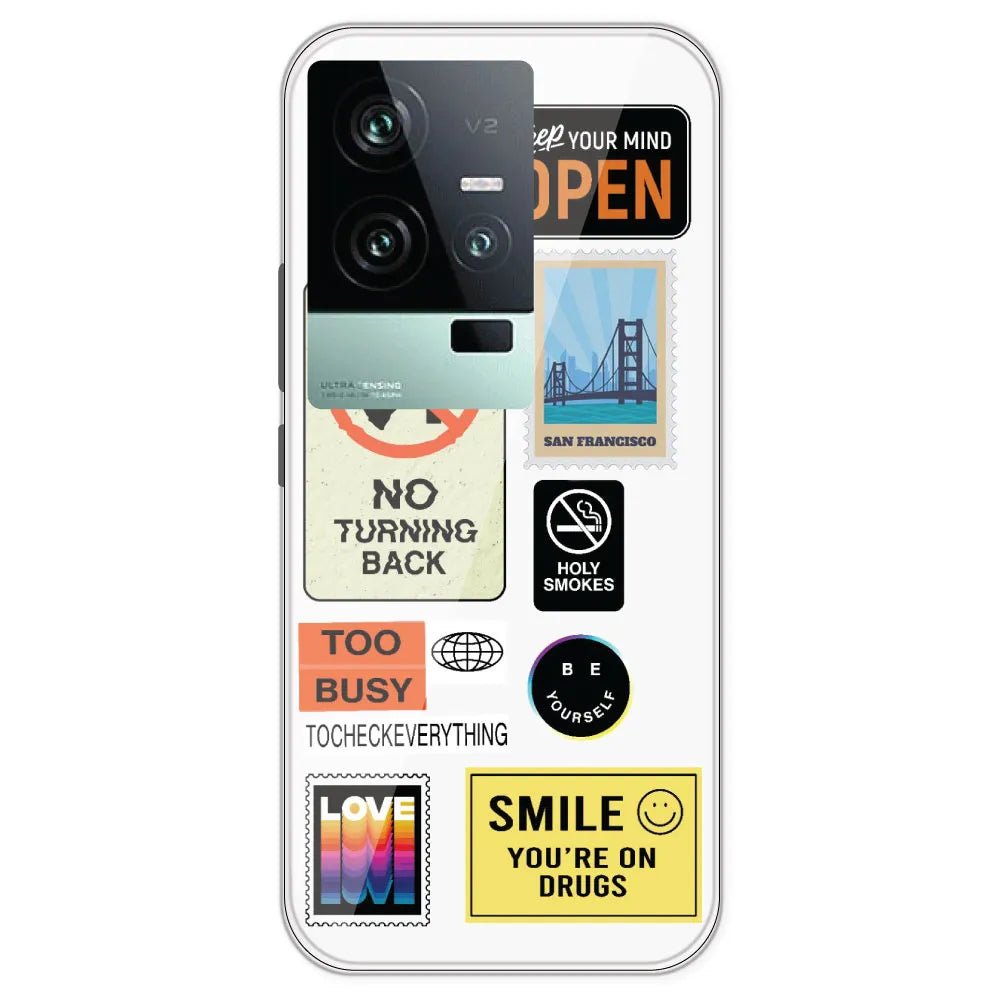 Retro Labels - Clear Printed Silicone Case For IQOO 11