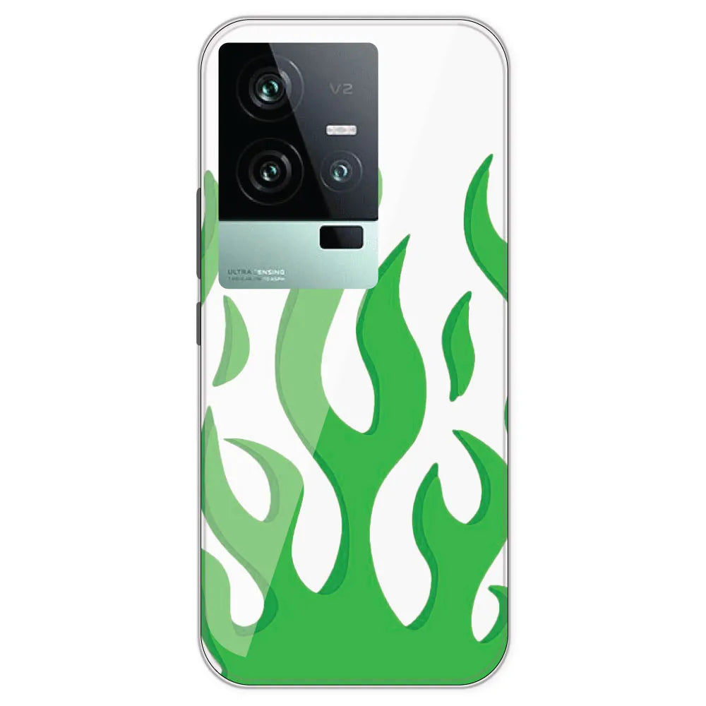 Green Flames - Clear Printed Silicone Case For IQOO 11