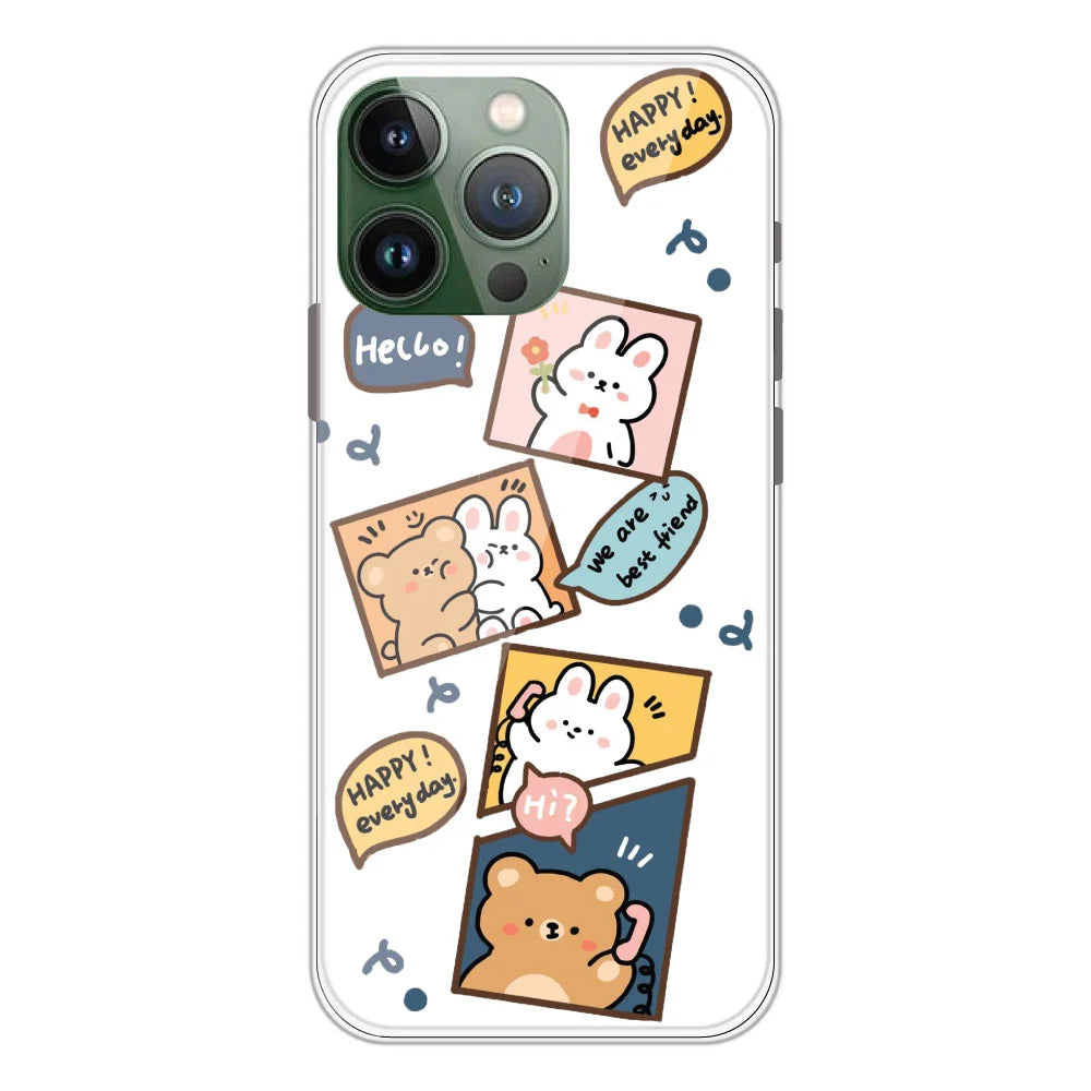 Happy Rabbit And Bear - Clear Printed Silicone Case For Apple iPhone 11 Pro Max