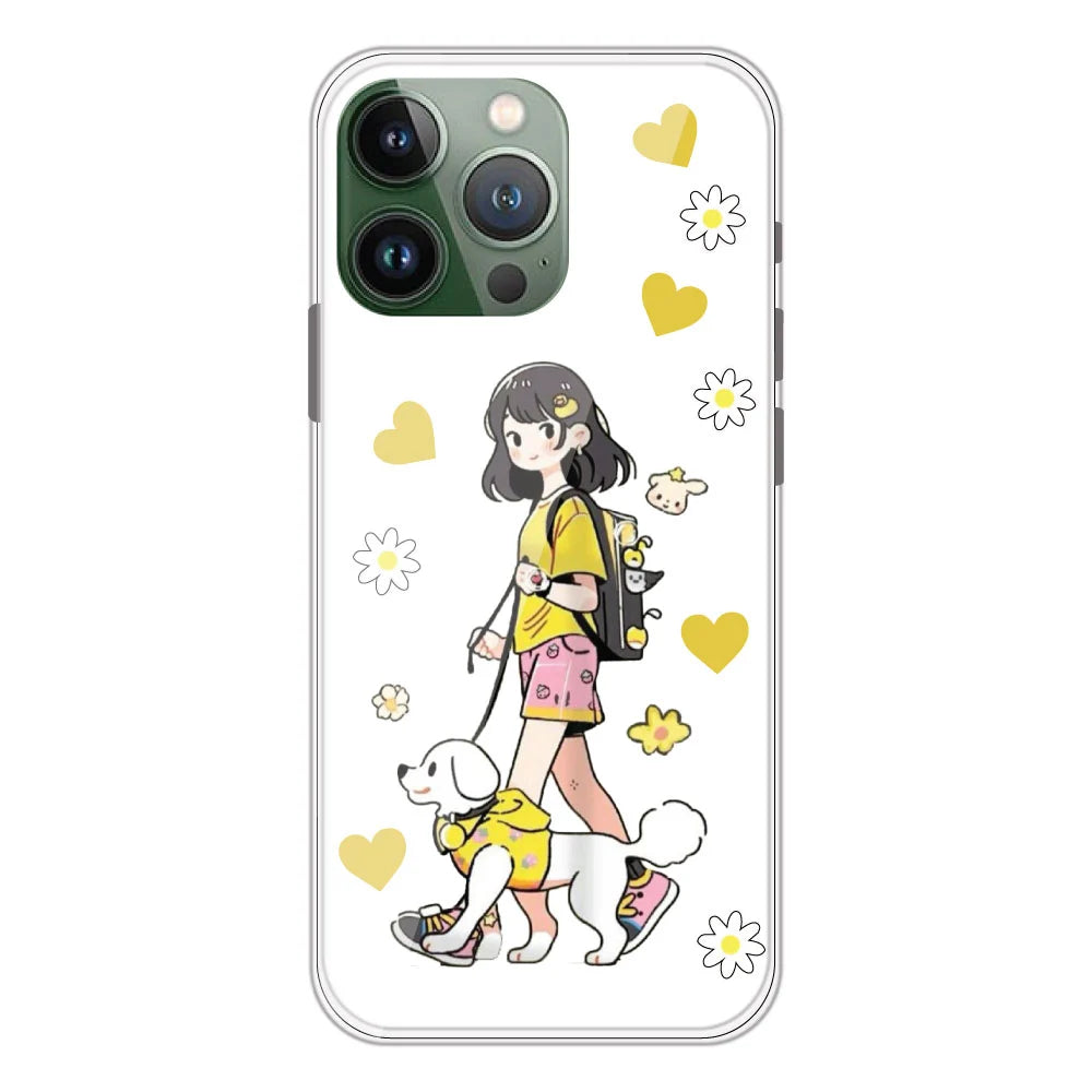 Yellow Girl And Dog - Clear Printed Silicone Case For Apple iPhone Models- Apple iPhone 11 pro max