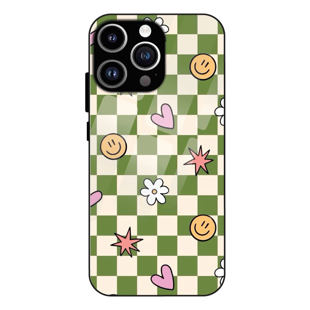 Checkerboard Smile Daisy Heart - Glass Cases For Apple iPhone Models