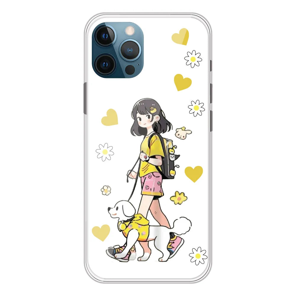 Yellow Girl And Dog - Clear Printed Silicone Case For Apple iPhone Models- Apple iPhone 11 pro