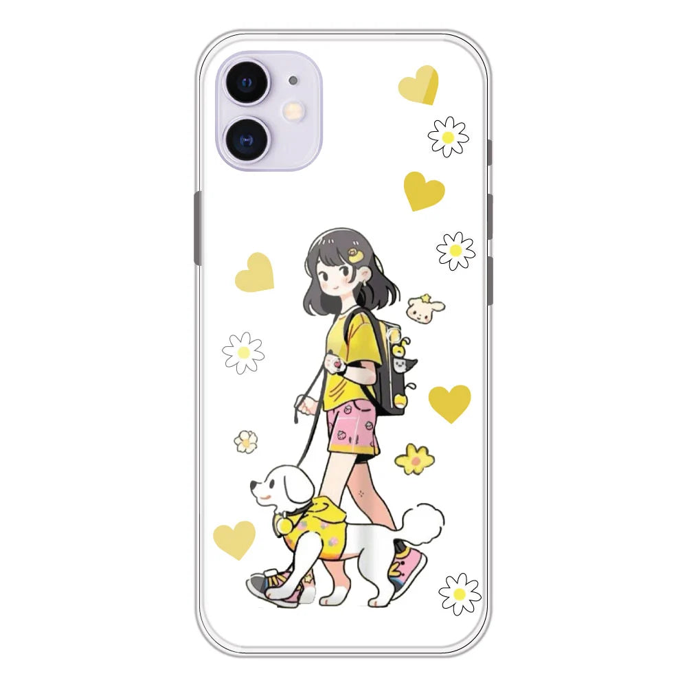Yellow Girl And Dog - Clear Printed Silicone Case For Apple iPhone Models- Apple iPhone 11