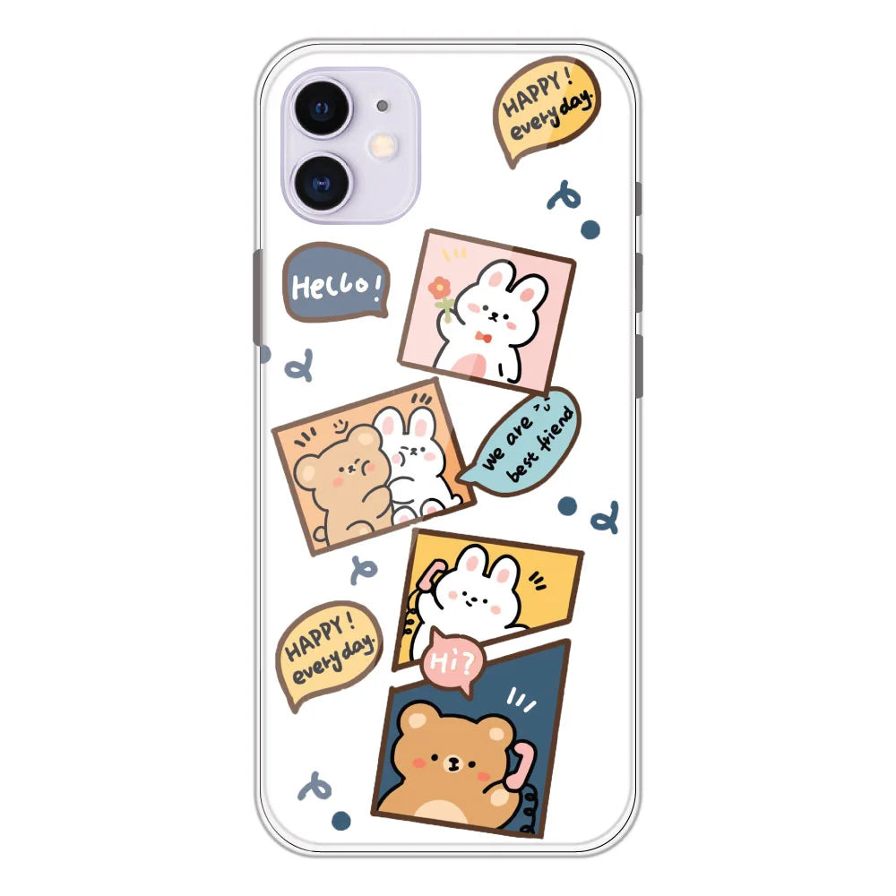 Happy Rabbit And Bear - Clear Printed Silicone Case For Apple iPhone 11