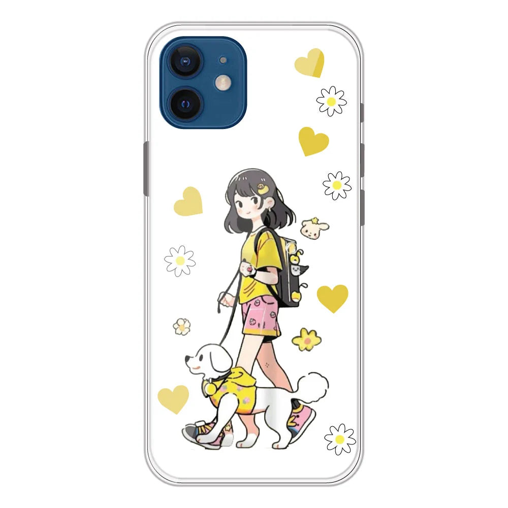 Yellow Girl And Dog - Clear Printed Silicone Case For Apple iPhone Models- Apple iPhone 12 mini