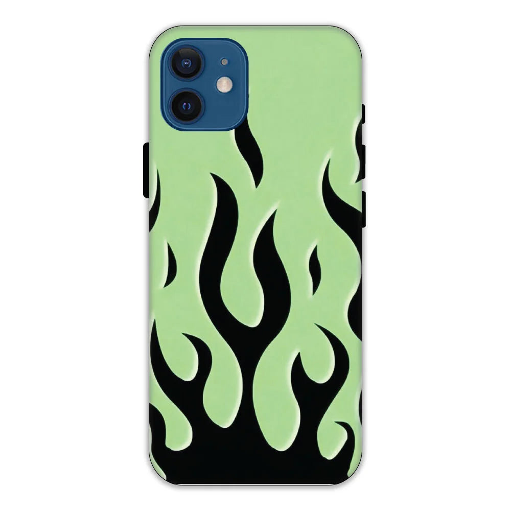 Green & Black Flames Hard Case Apple iPhone 12 Mini Models