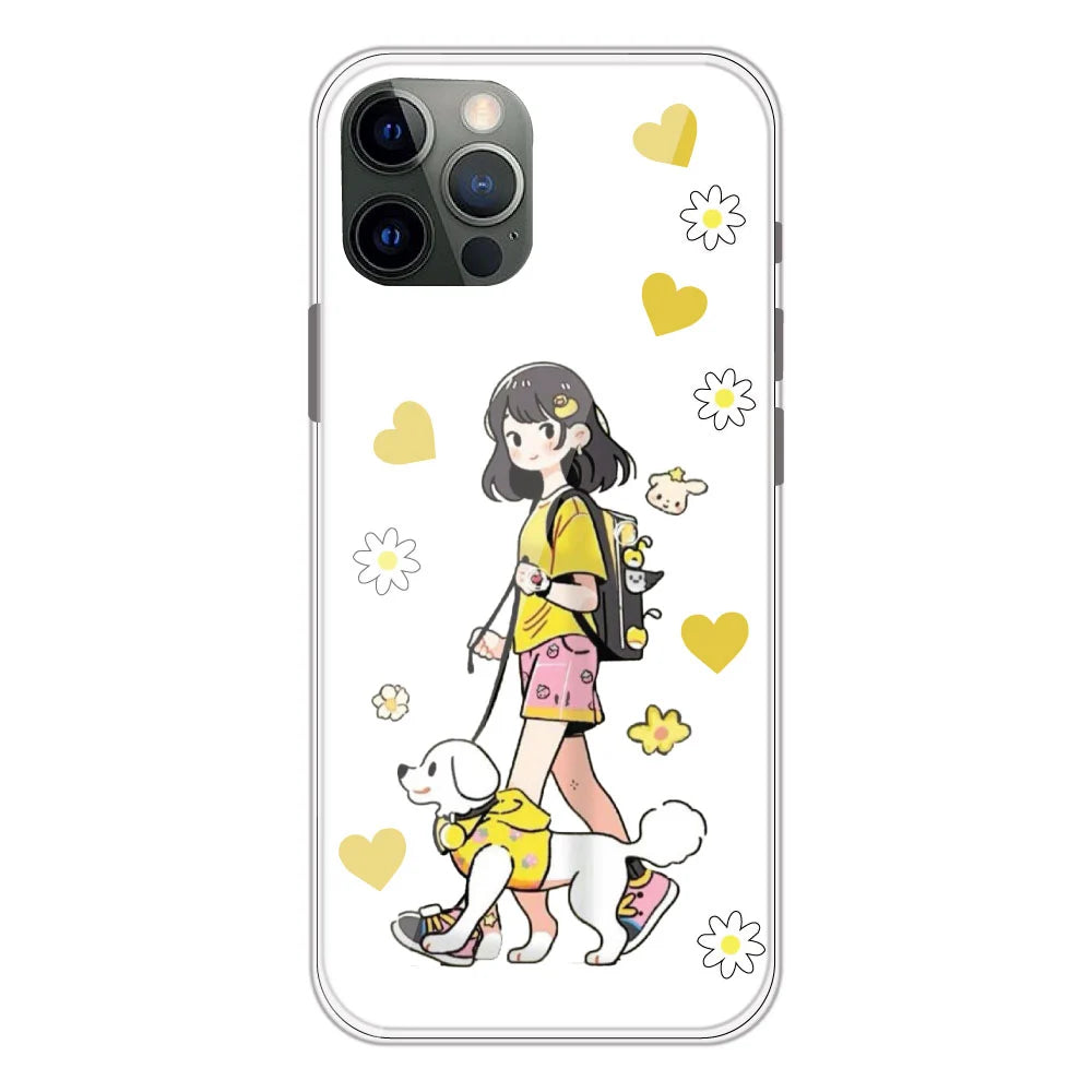Yellow Girl And Dog - Clear Printed Silicone Case For Apple iPhone Models- Apple iPhone 12 pro