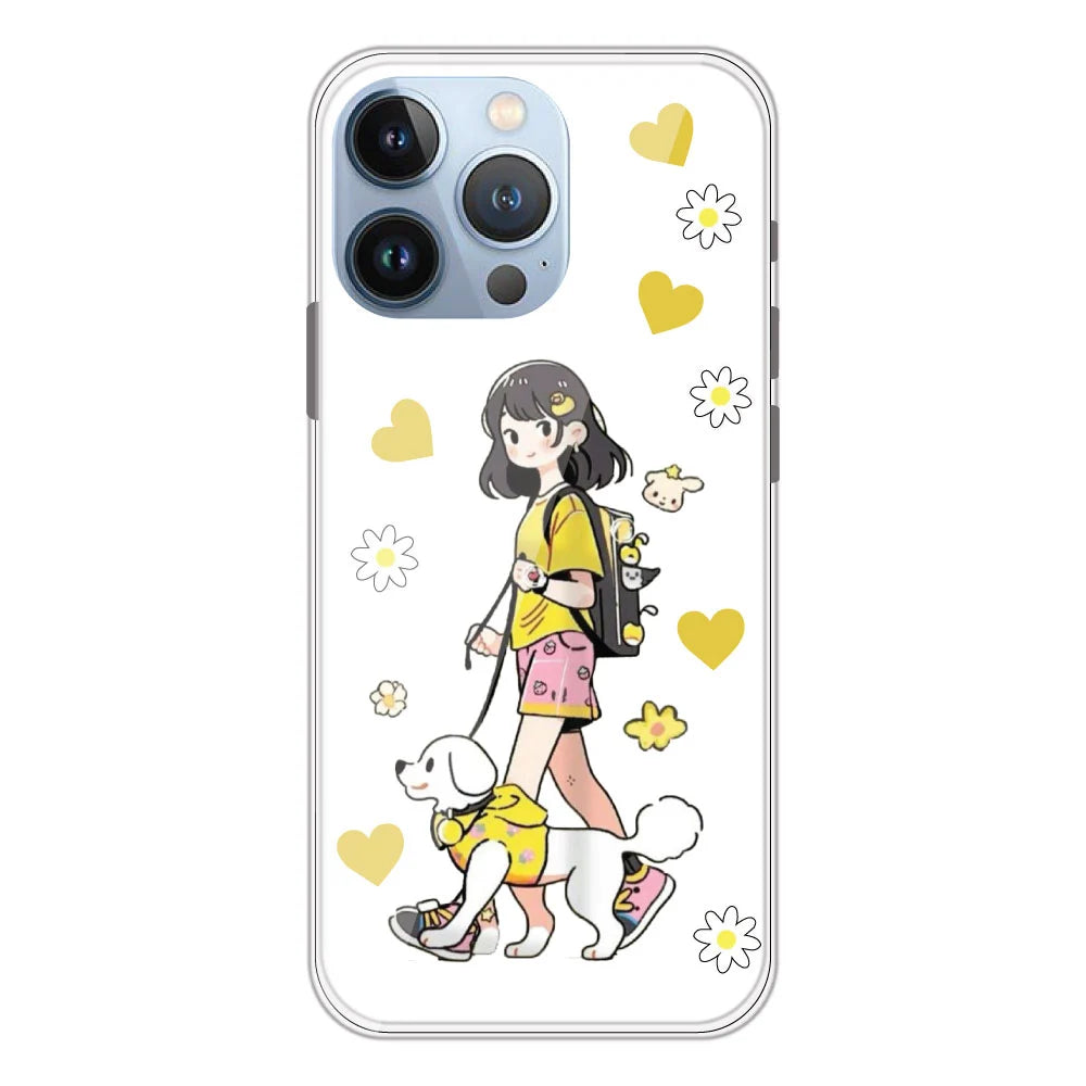 Yellow Girl And Dog - Clear Printed Silicone Case For Apple iPhone Models- Apple iPhone 13 pro