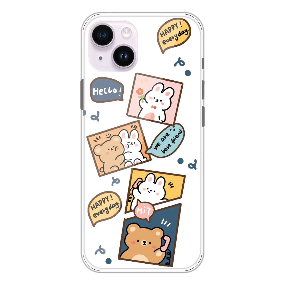 Happy Rabbit And Bear - Clear Printed Silicone Case For Apple iPhone Models- Apple iPhone 14 plus
