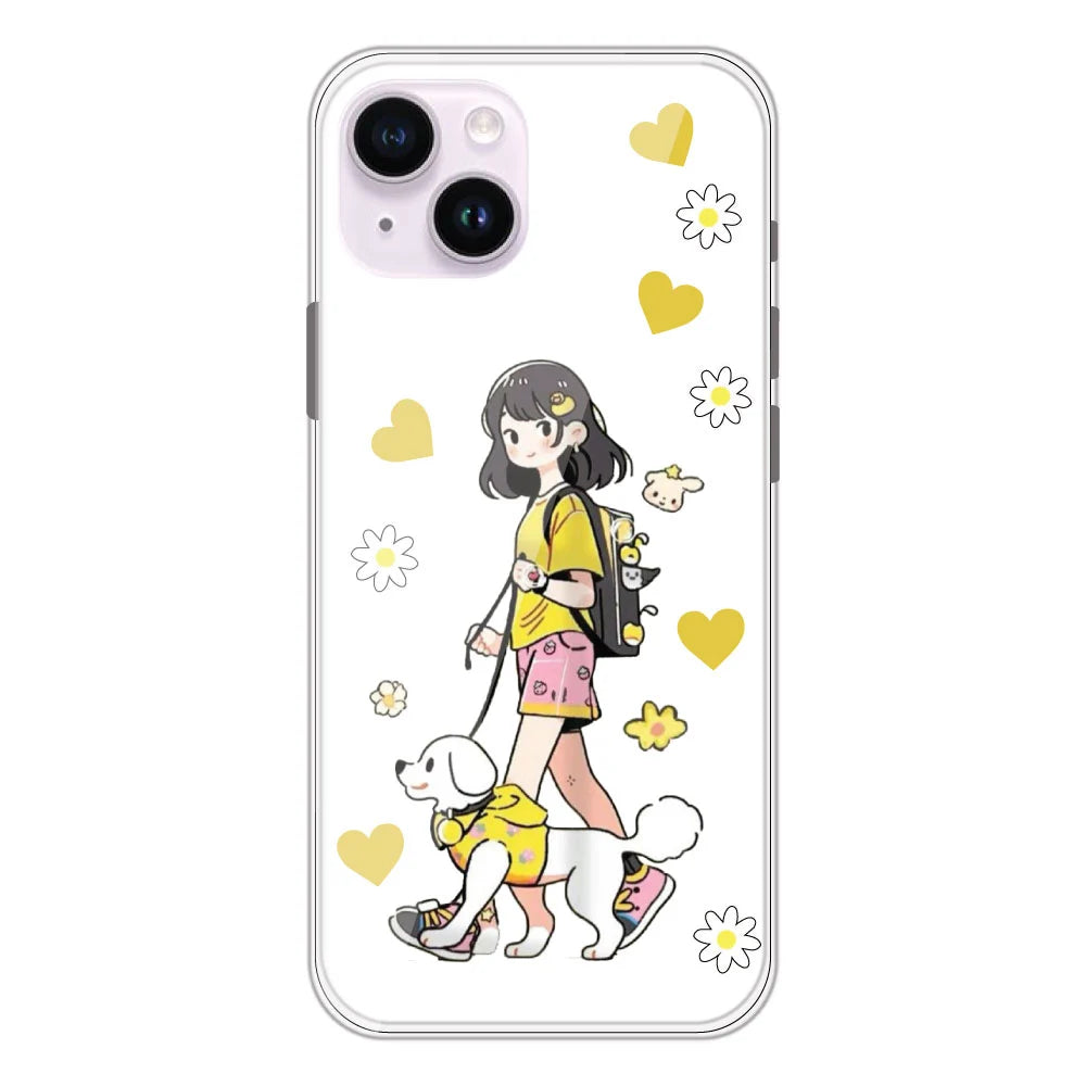 Yellow Girl And Dog - Clear Printed Silicone Case For Apple iPhone Models- Apple iPhone 14 plus