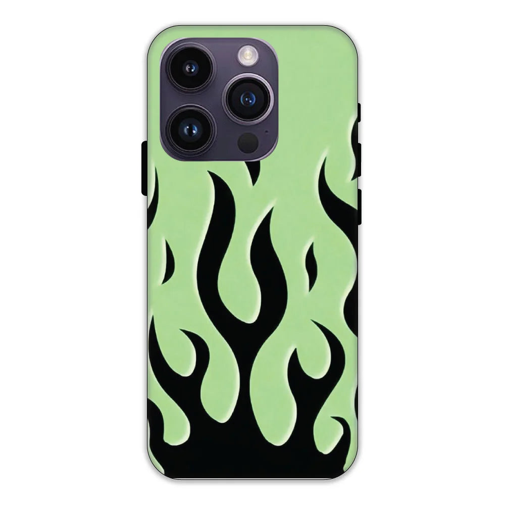 Green & Black Flames Hard Case Apple iPhone 14 Pro Max Models