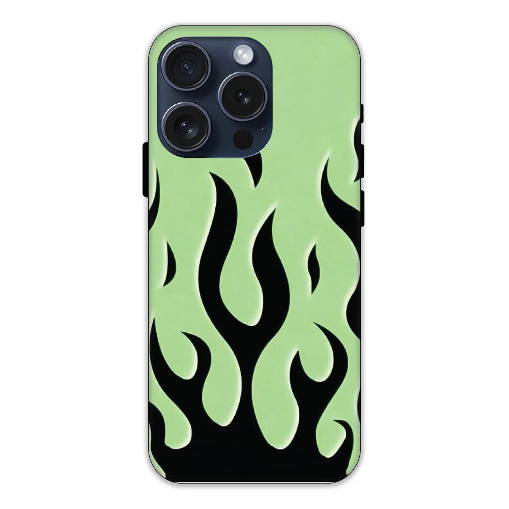 Green & Black Flames Hard Case Apple iPhone 14 Pro Models