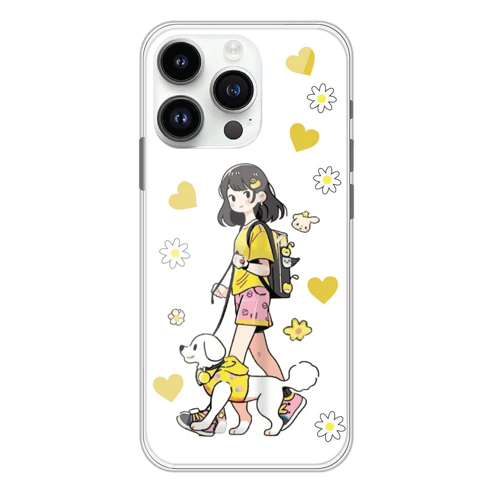 Yellow Girl And Dog - Clear Printed Silicone Case For Apple iPhone Models- Apple iPhone 14 pro