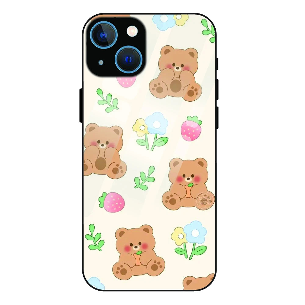 Cute Teddy Garden - Glass Case For Apple iPhone 15