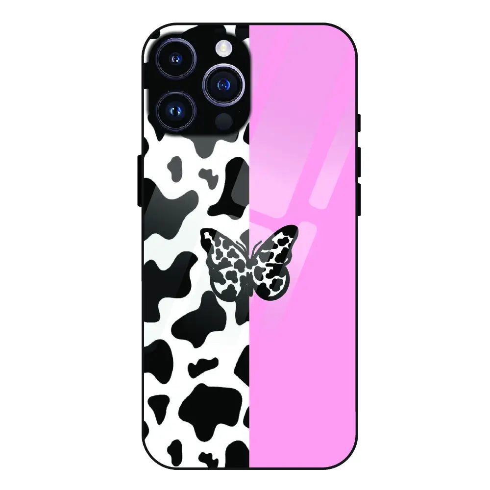 Cow Print Butterfly - Glass Case For Apple iPhone 15 Pro