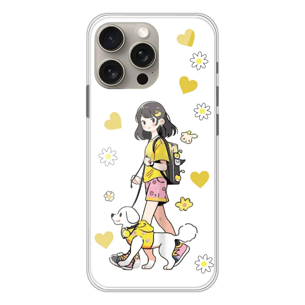 Yellow Girl And Dog - Clear Printed Silicone Case For Apple iPhone Models- Apple iPhone 15 pro max