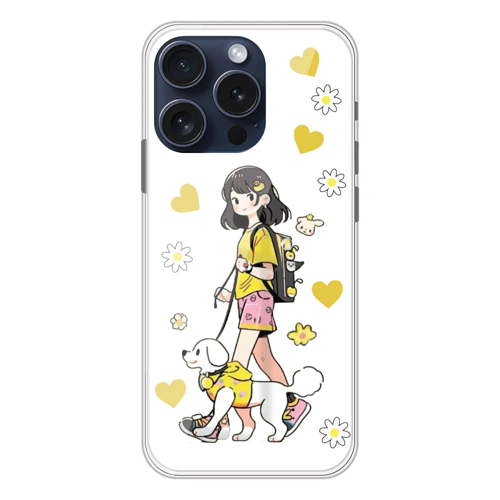 Yellow Girl And Dog - Clear Printed Silicone Case For Apple iPhone Models- Apple iPhone 15 pro