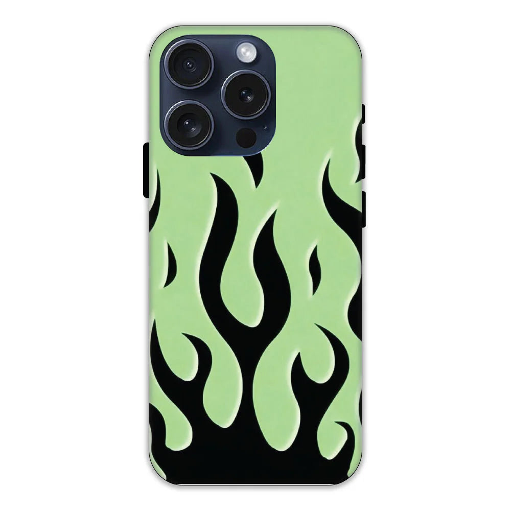 Green & Black Flames Hard Case Apple iPhone 15 Pro Models