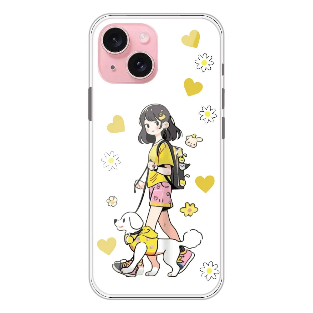 Yellow Girl And Dog - Clear Printed Silicone Case For Apple iPhone Models- Apple iPhone 15