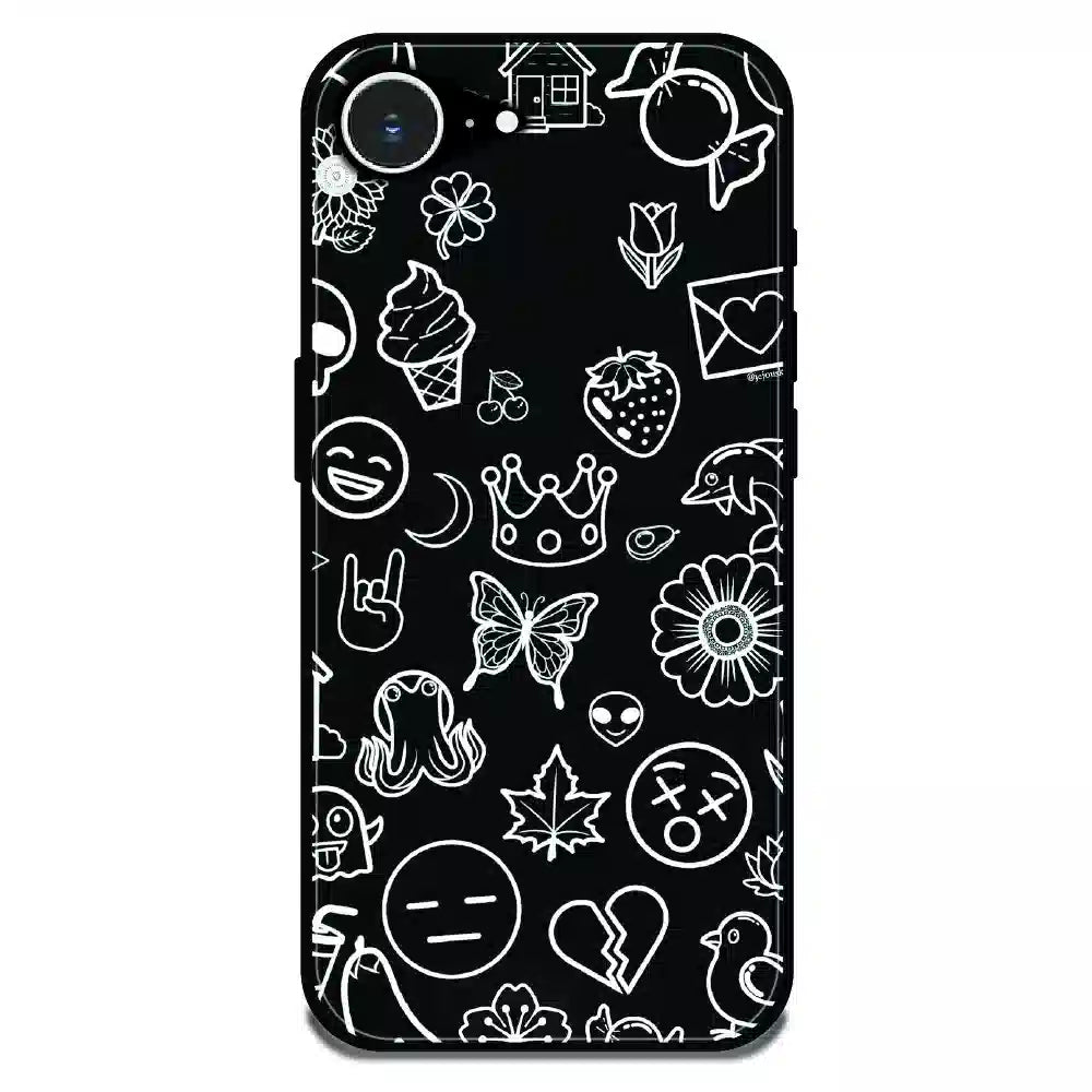 Black Doodle Icons Pattern - Glossy Metal Silicone Case For Apple iPhone Models