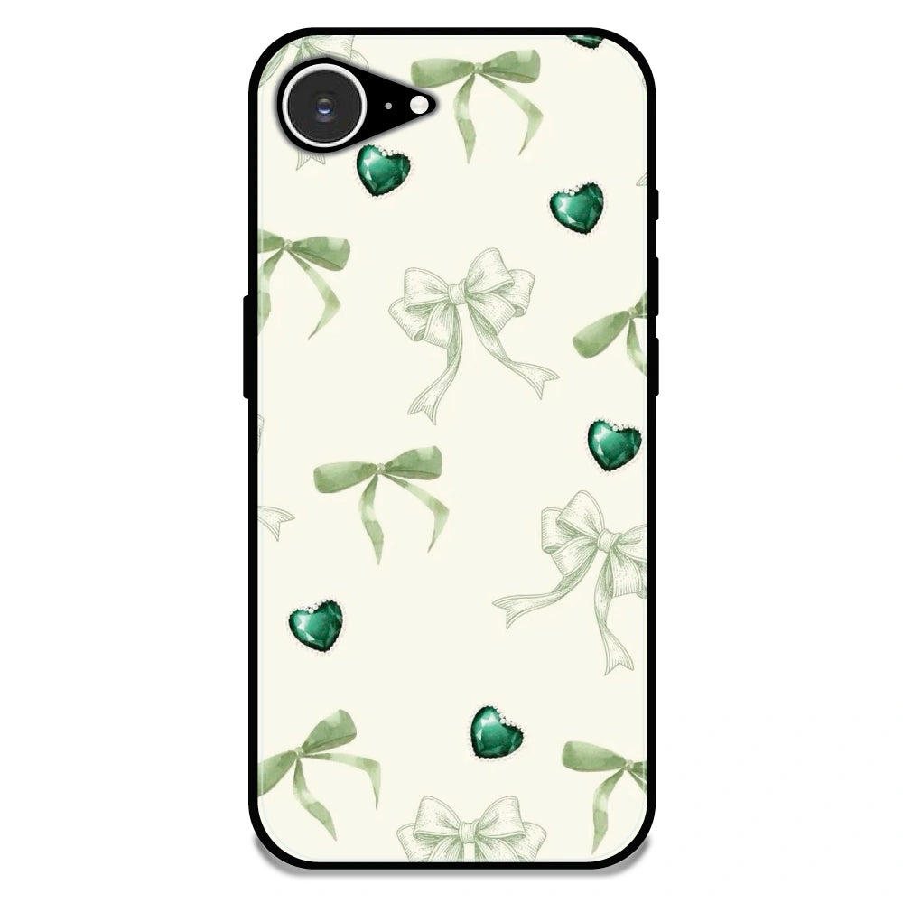 Elegant Green Bow & Heart Pattern - Glossy Metal Silicone Case For Apple iPhone Models