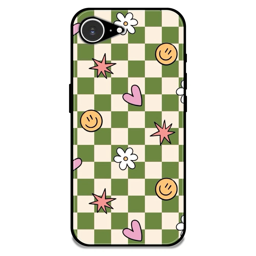 Checkerboard Smile Daisy Heart - Glossy Metal Silicone Case For Apple iPhone Models