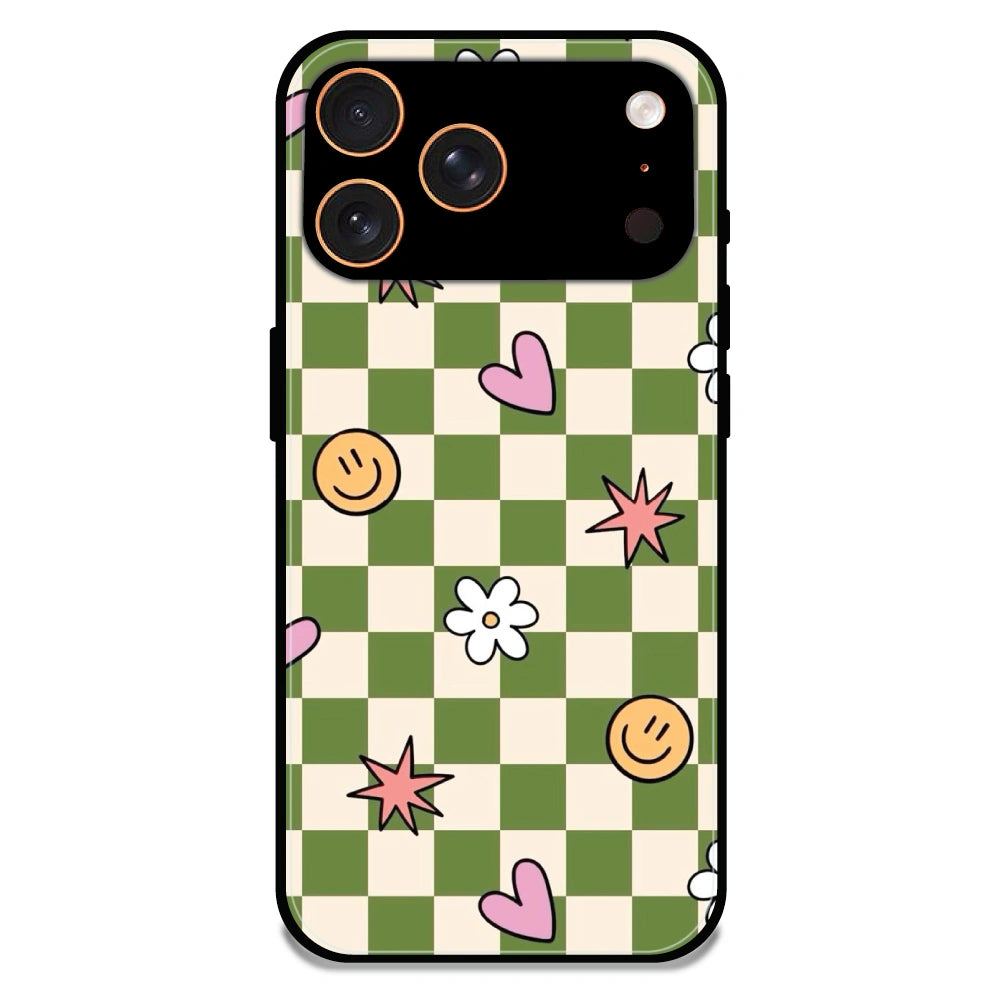 Checkerboard Smile Daisy Heart - Glossy Metal Silicone Case For Apple iPhone 17 Pro Max