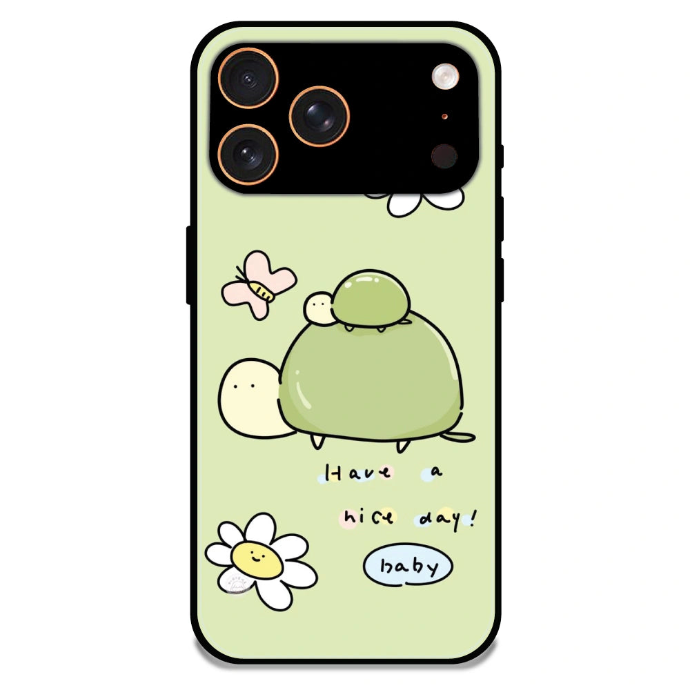 'Cute Turtle & Daisy “Have a Nice Day” - Glossy Metal Silicone Case For Apple iPhone 17 Pro Max