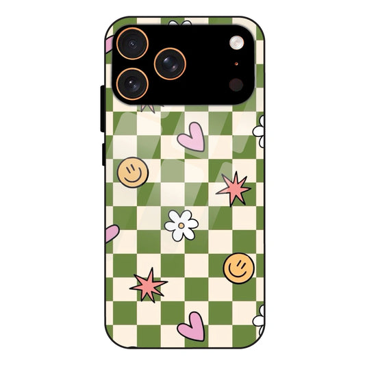 Checkerboard Smile Daisy Heart - Glass Case For Apple iPhone 17 Pro