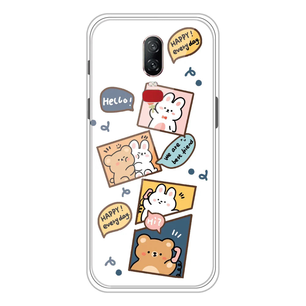 Happy Rabbit And Bear - Clear Printed Silicone Case For OnePlus 6 Models