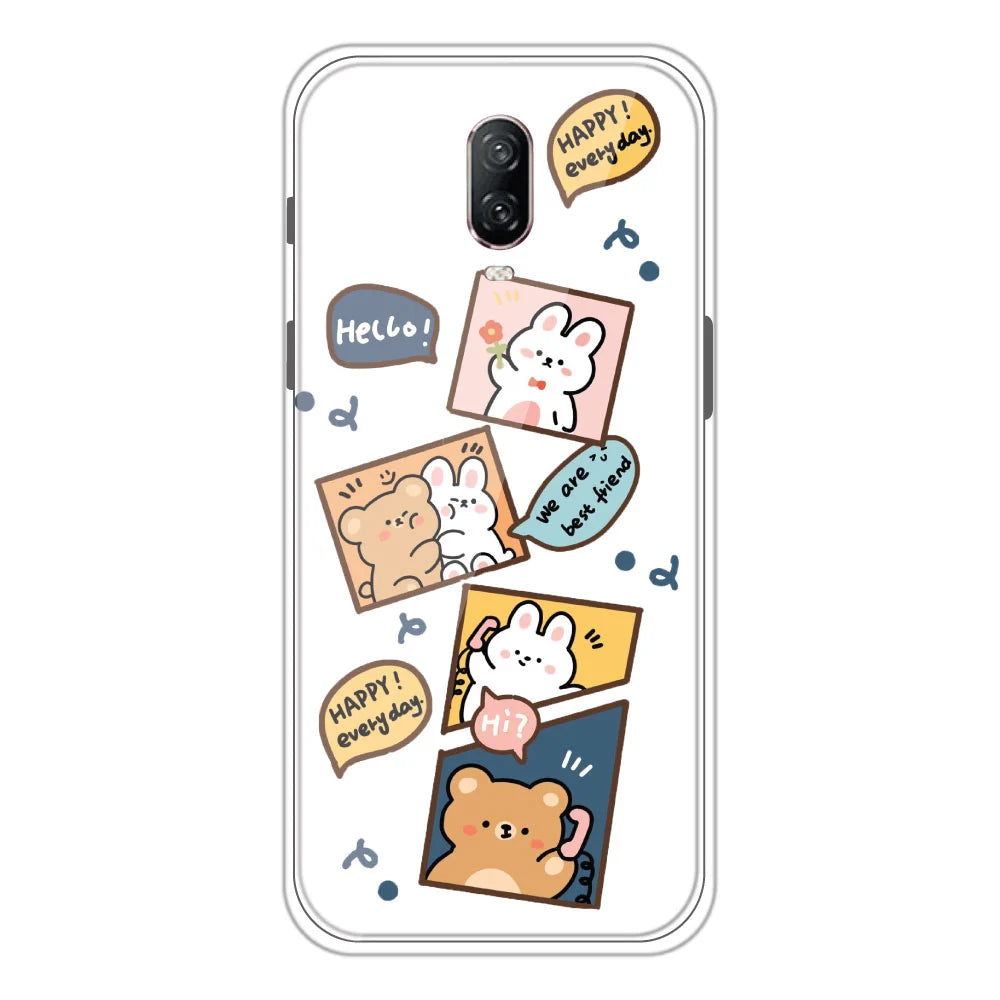 Happy Rabbit and Bear - Clear Printed Silicone Case For OnePlus 6T
