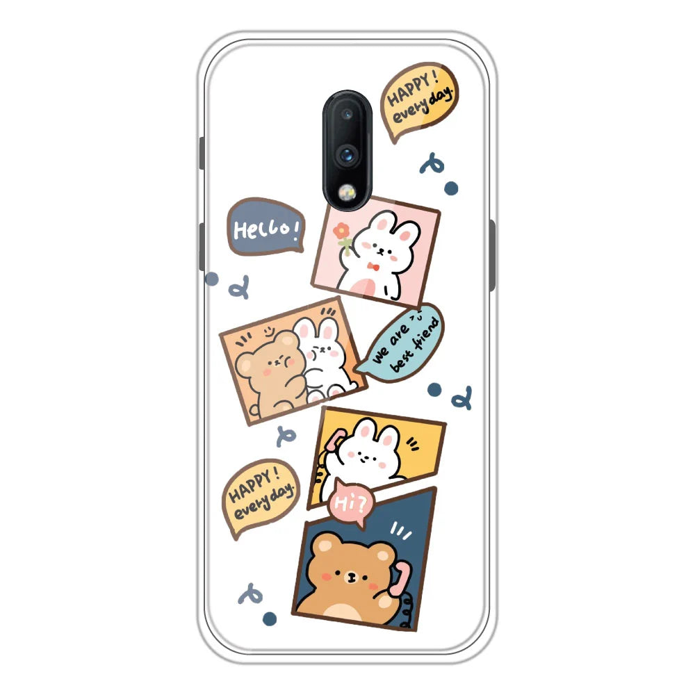 Happy Rabbit and Bear - Clear Printed Silicone Case For OnePlus 7