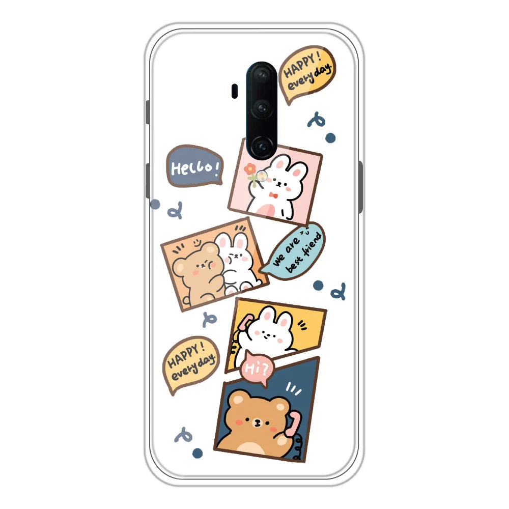 Happy Rabbit and Bear - Clear Printed Silicone Case For OnePlus 7T Pro