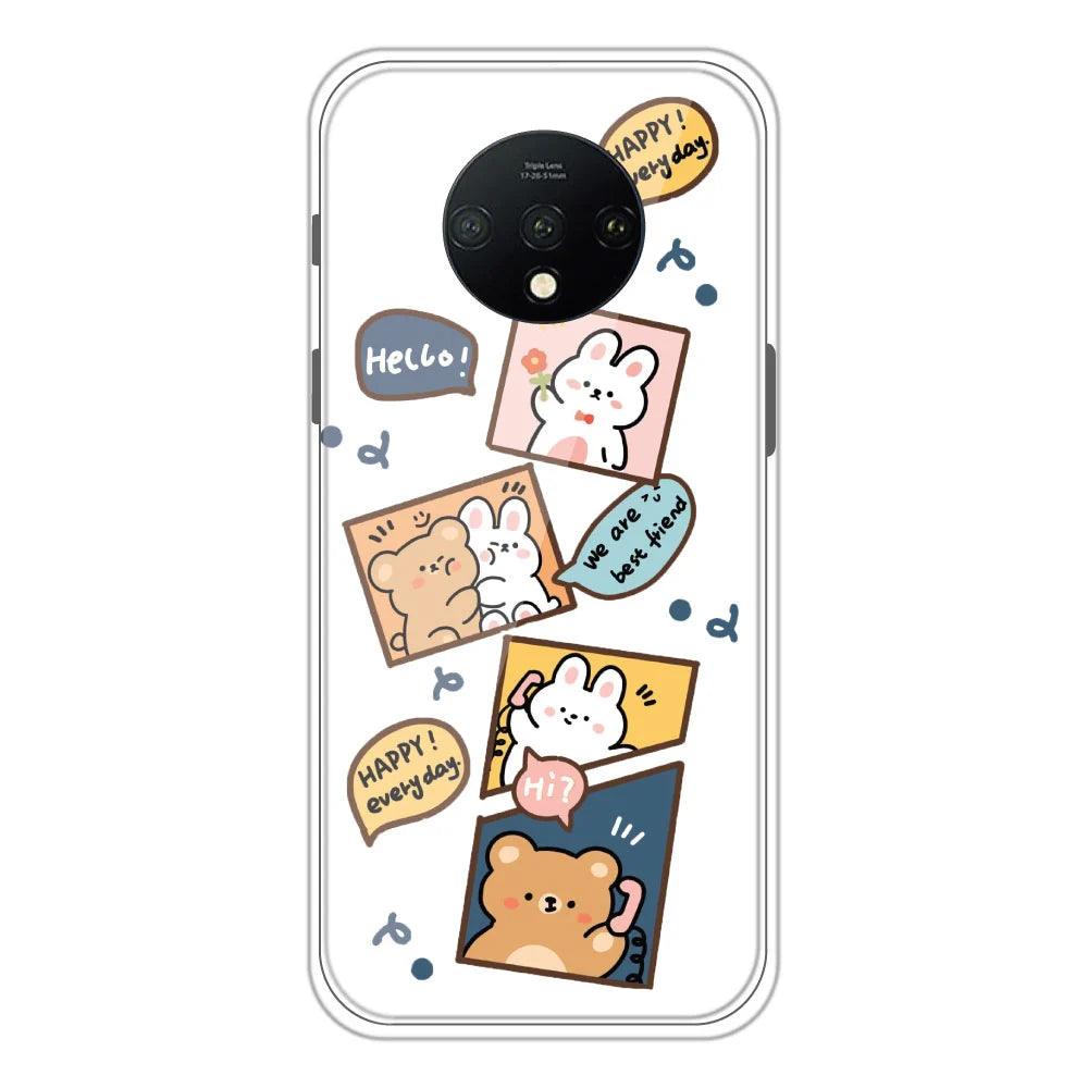 Happy Rabbit And Bear - Clear Printed Silicone Case For OnePlus 7T Models