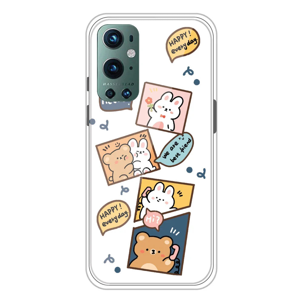 Happy Rabbit and Bear - Clear Printed Silicone Case For OnePlus 9 Pro