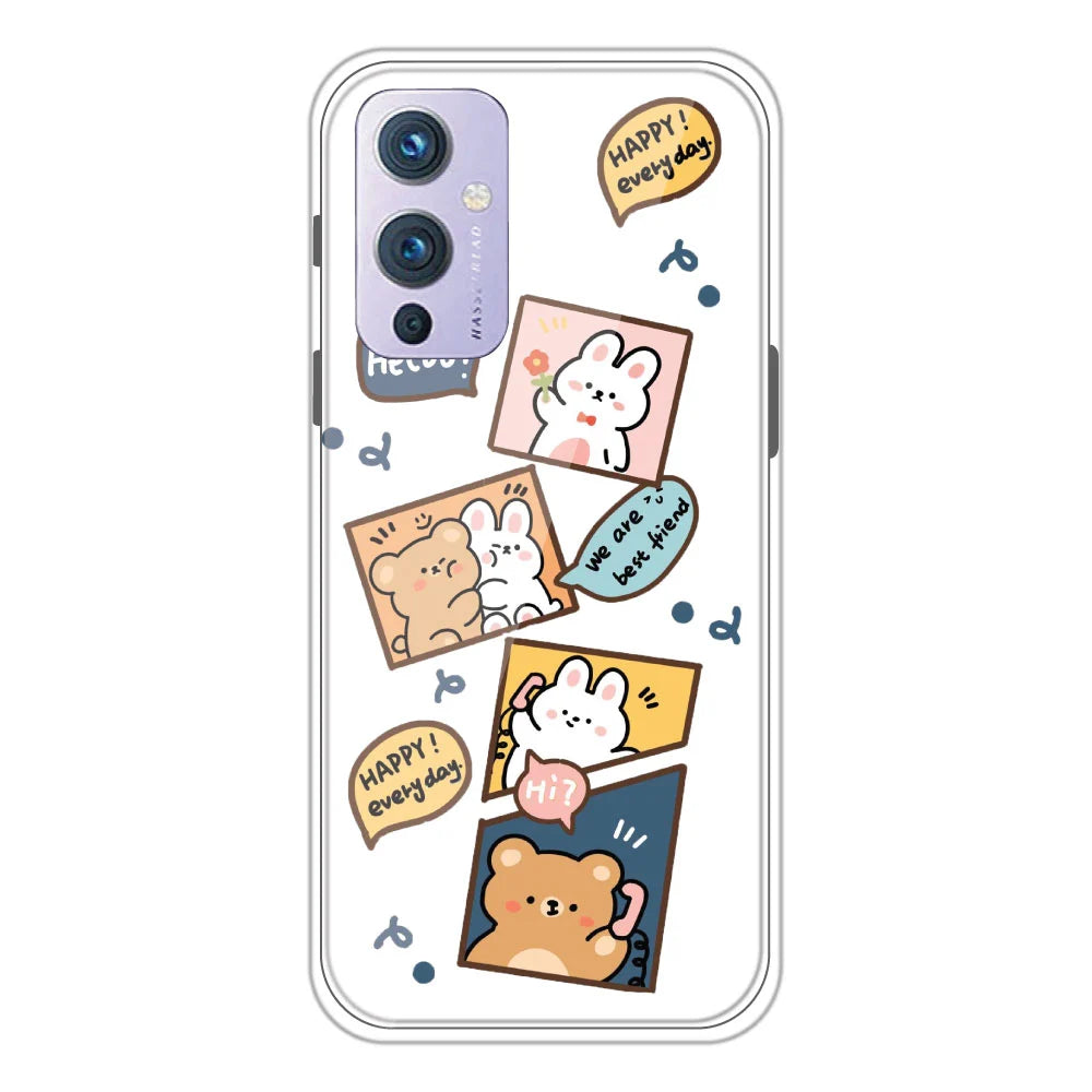 Happy Rabbit And Bear - Clear Printed Silicone Case For OnePlus 9 Models
