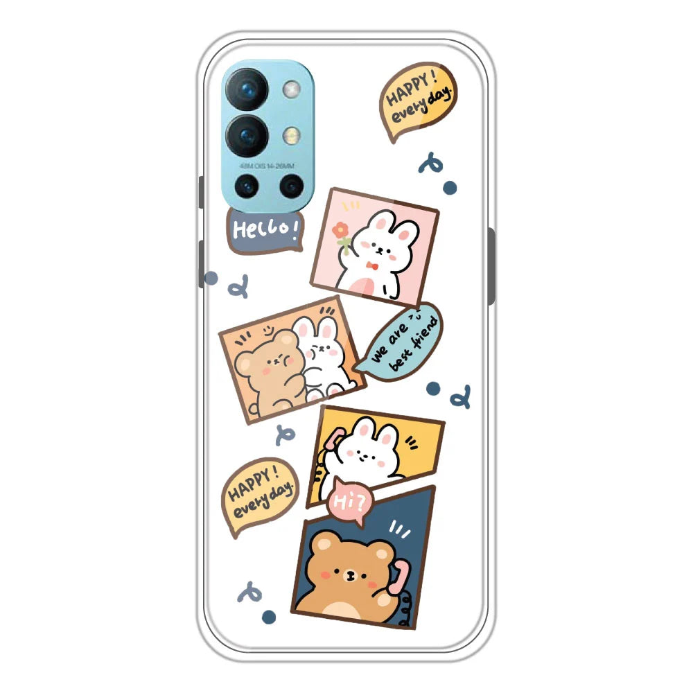 Happy Rabbit and Bear - Clear Printed Silicone Case For OnePlus 9R