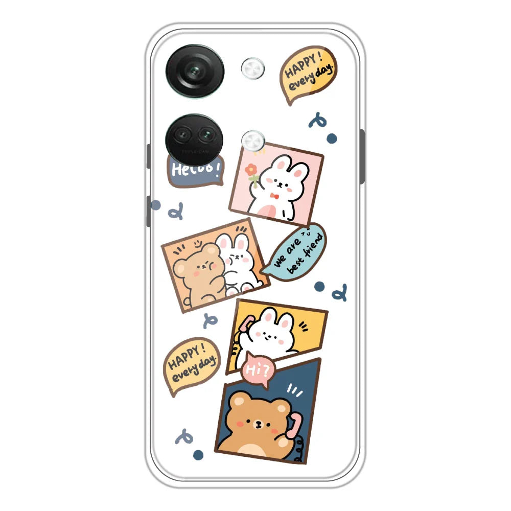Happy Rabbit And Bear - Clear Printed Silicone Case For OnePlus nord 3 Models