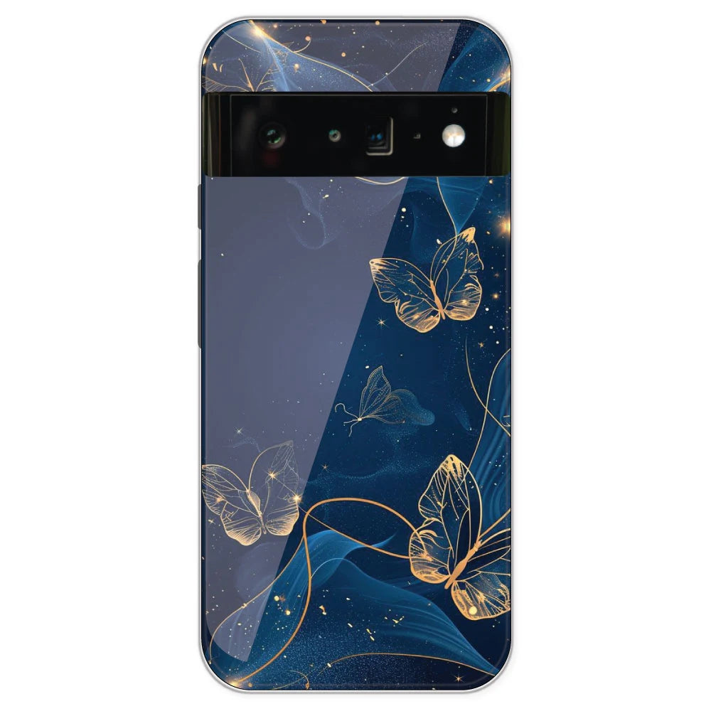 Blue With Gold Butterflies - Printed Silicone Case For Google Pixel 6 Pro