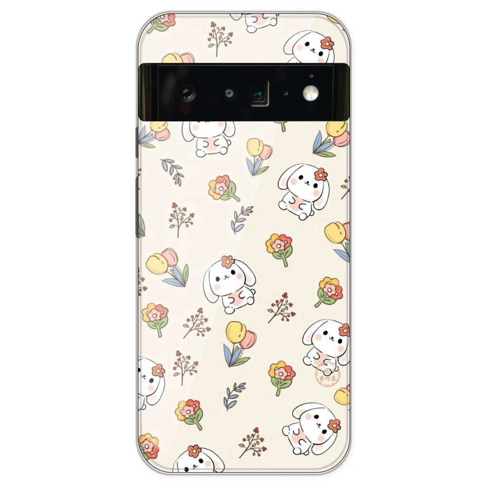 Cute Bunny & Flowers - Printed Silicone Case For Google Pixel 6 Pro